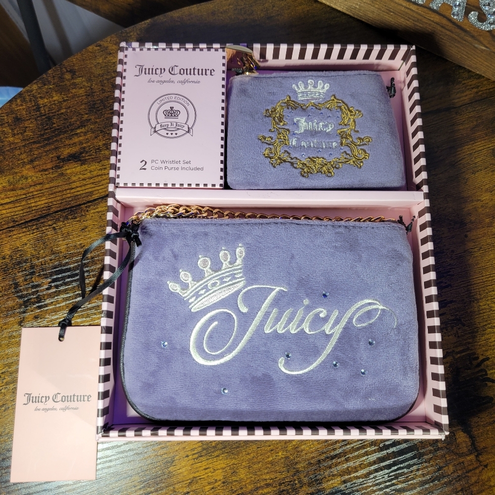 Juicy Couture Lavender Velvet Wristlet & Coin Purse Set with Gold Accents